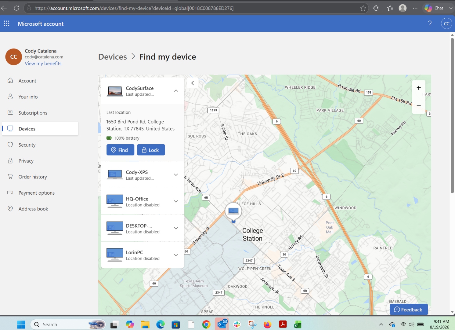 Microsoft Find my device showing CodySurface with address 1650 Bird Pond Rd College Station TX, battery 100 percent, and a map pin that does not correspond to that address