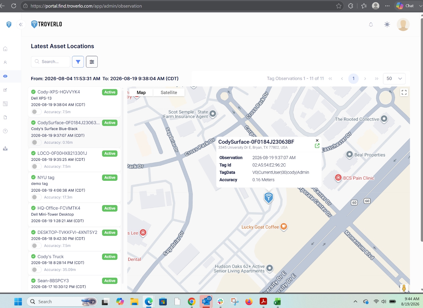 Troverlo dashboard showing CodySurface-0F0184J23063BF at 3345 University Dr E, Bryan TX with 0.16 meter accuracy, observed at 9:37:07 AM CDT