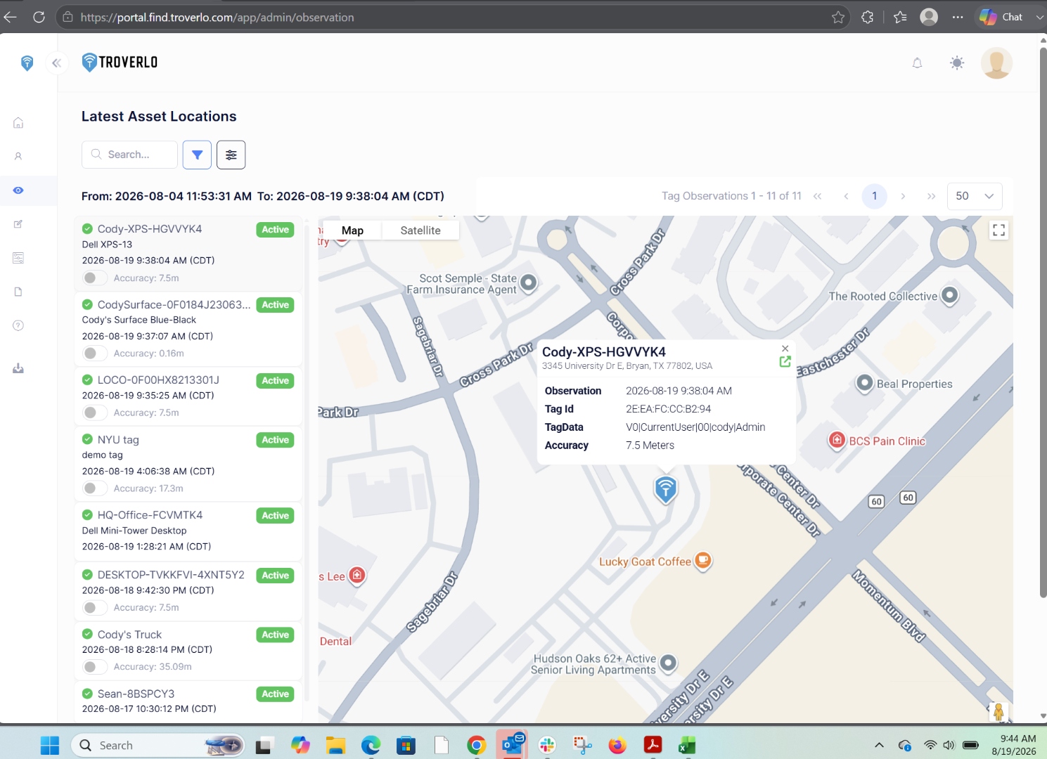 Troverlo dashboard showing Cody-XPS-HGVVYK4 at 3345 University Dr E, Bryan TX with 7.5 meter accuracy, observed at 9:38:04 AM CDT
